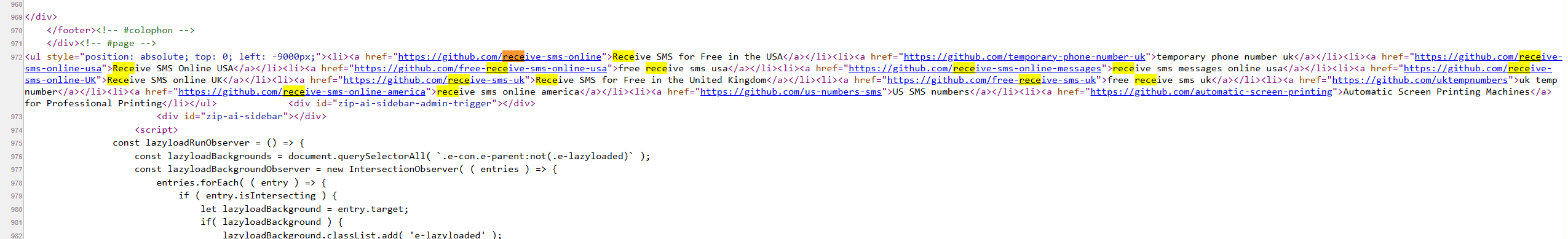 View-source of the homepage showing a list of hidden spam links positioned 9000 pixels off screen, immediately after the closing footer tag
