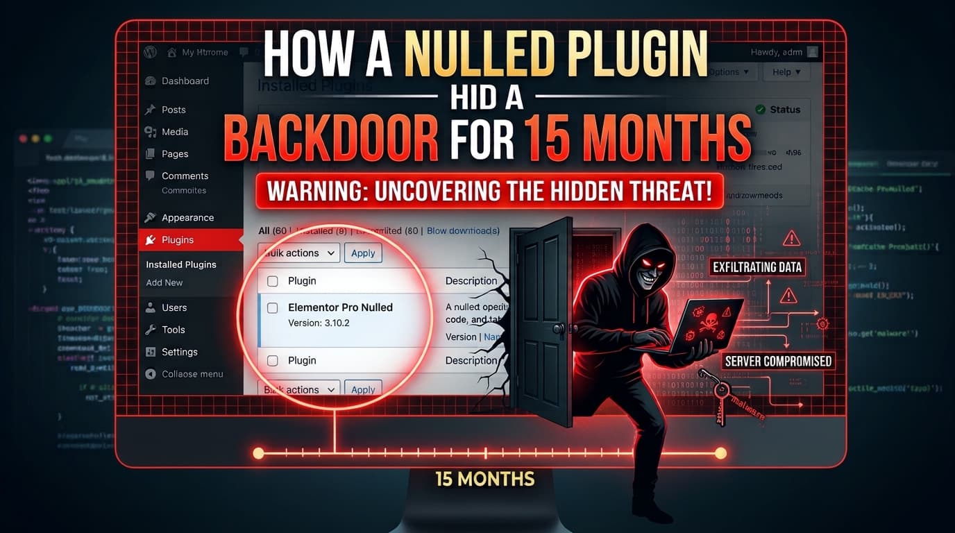 A nulled Elementor Pro listing in the WordPress plugins screen, with a hooded figure stepping through an open door behind it