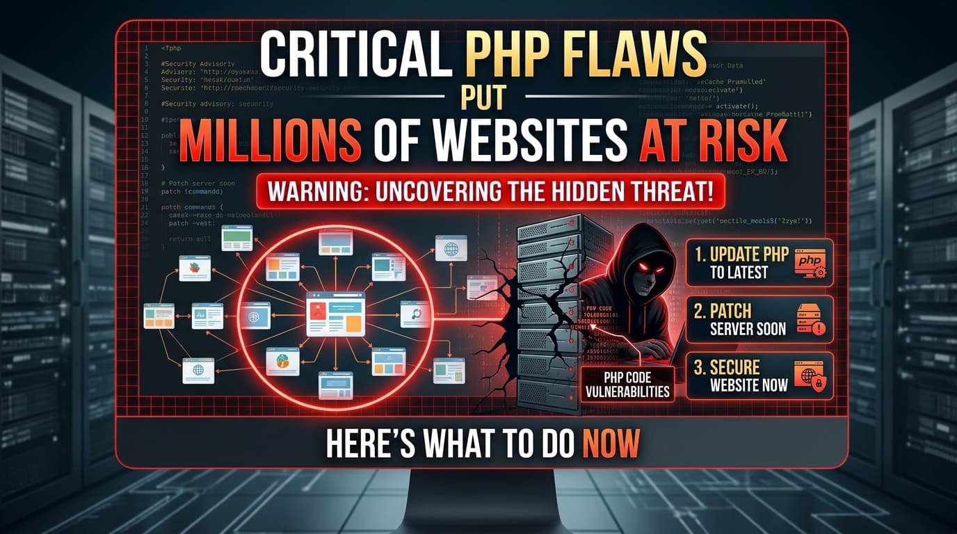 Critical PHP flaws put millions of websites at risk: a monitor showing PHP code, cracked servers and a hooded attacker, with the steps update PHP, patch server, secure website