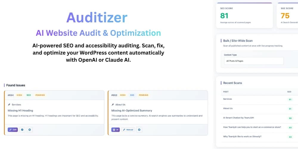 The Auditizer dashboard showing SEO, SGE and accessibility scores alongside found issues
