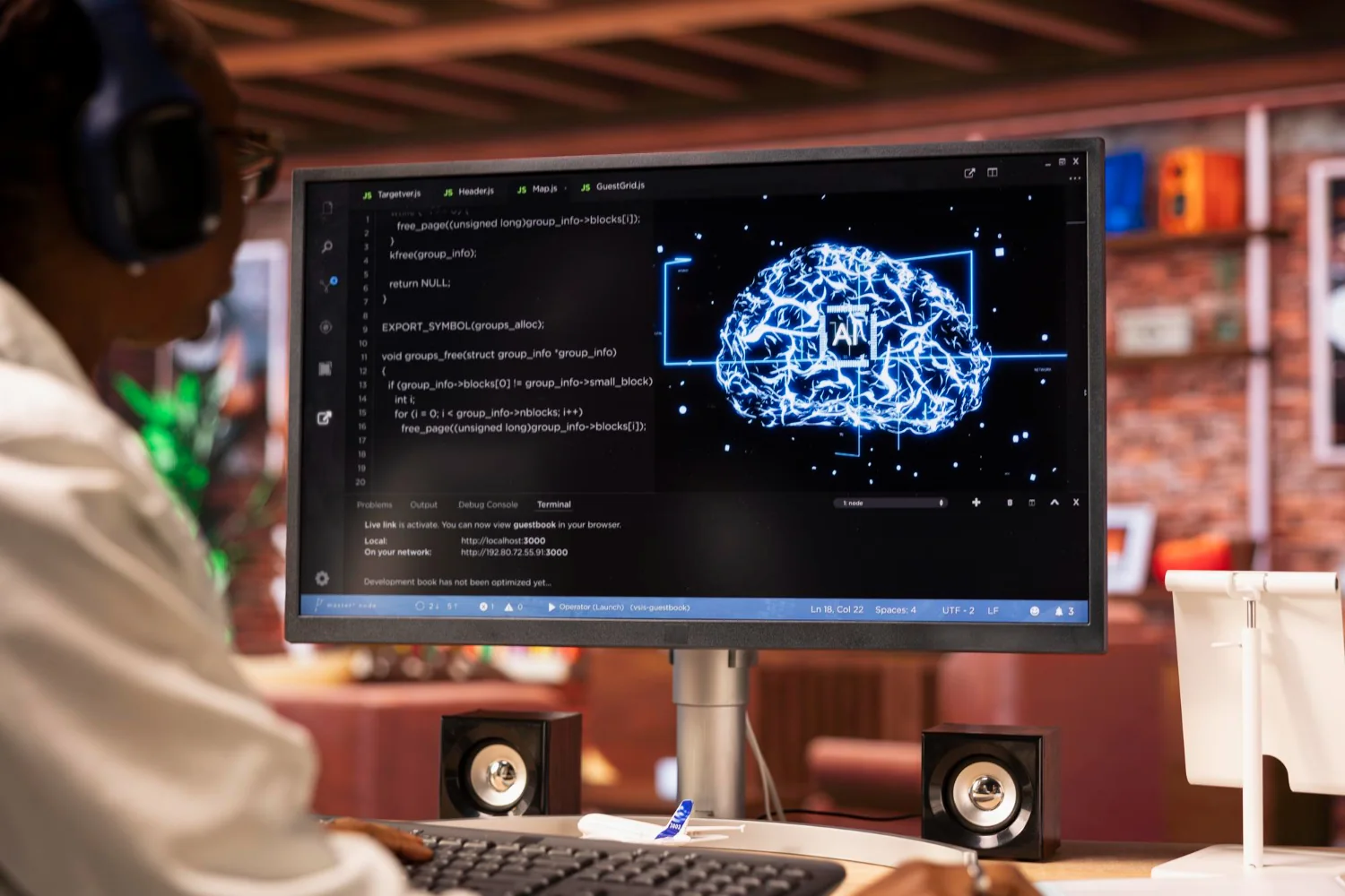 An AI feature under development: source code beside a visualisation of the model it calls.