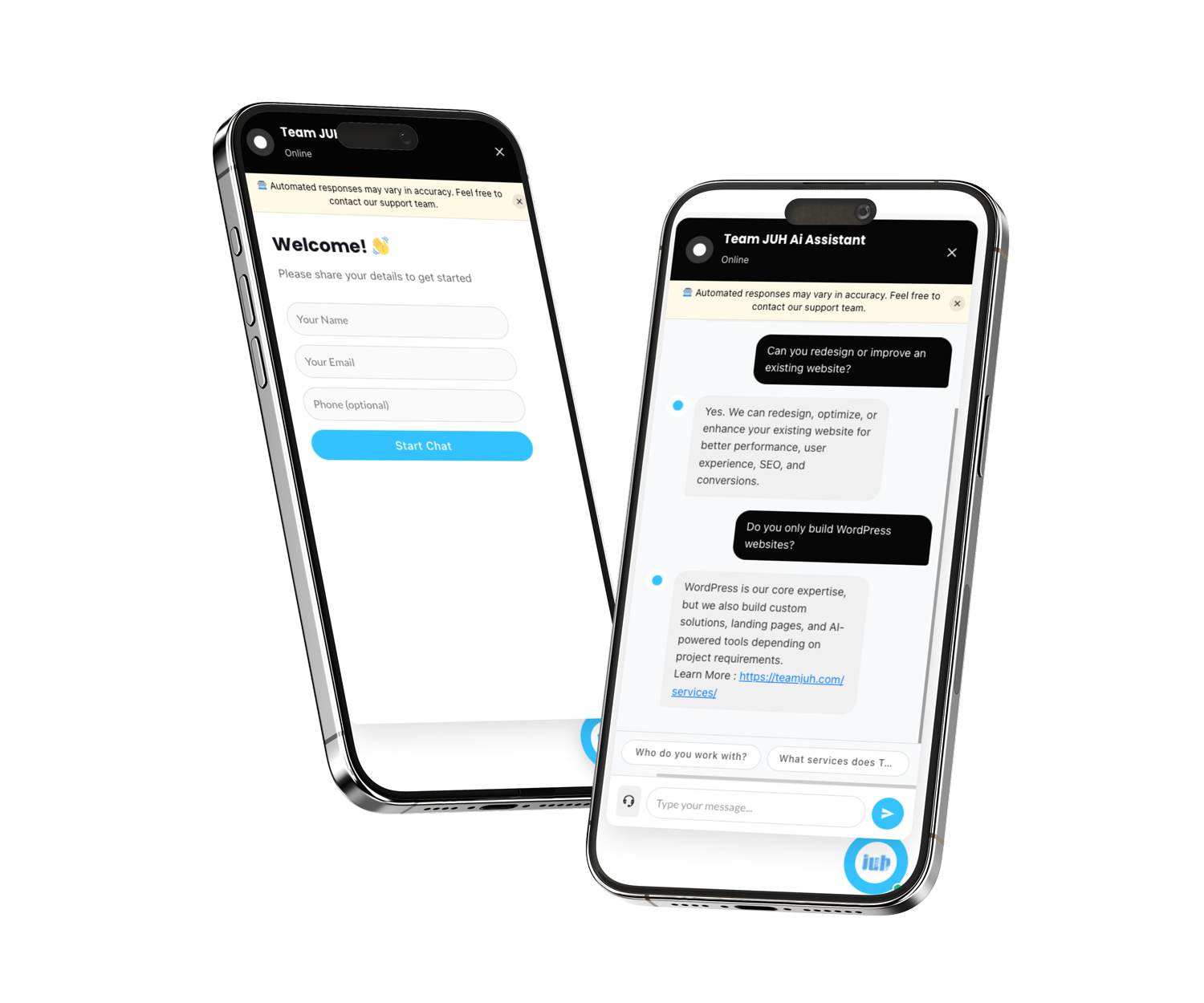 TeamJUH Smart Chatbot with ChatGPT and Claude two screen